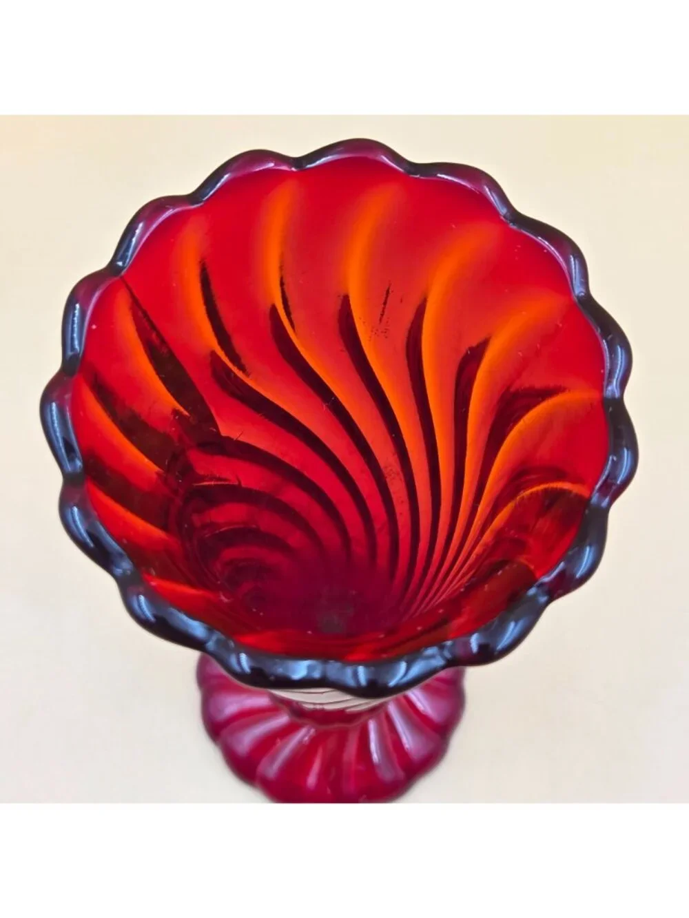 Fostoria Maypole Ruby Red Glass 6 Inch Bud Vase Swirl Footed Vintage